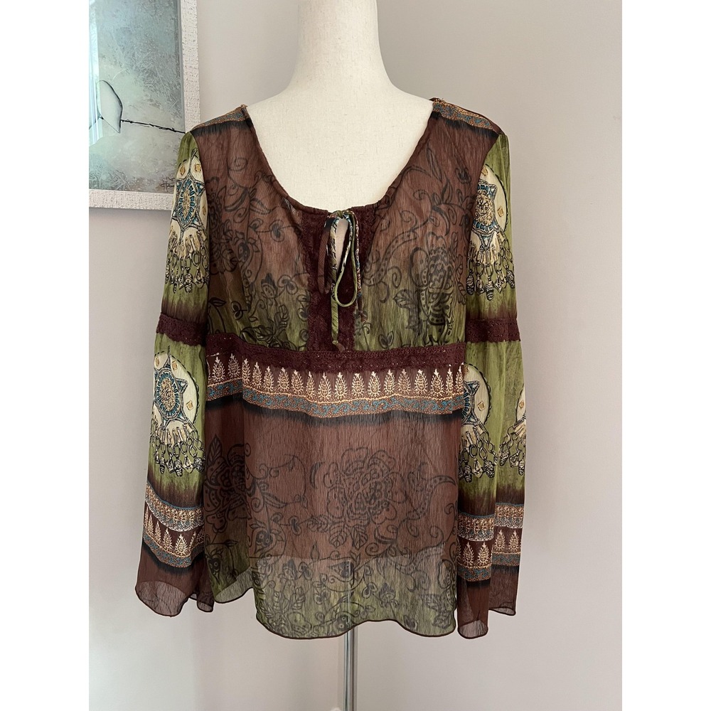 Y2K Boho Sheer Peasant Blouse XL Fairy Grunge Festival Cottage Whimsigoth Earthy